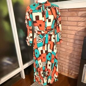 Vintage Geometric Midi Dress with Tie-Waist in Teal & Coral